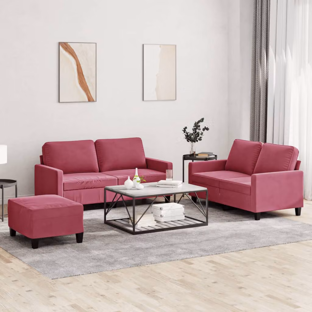 Set di divani 3 pezzi vidaXL in velluto rosso con cuscini per il tuo soggiorno – 1