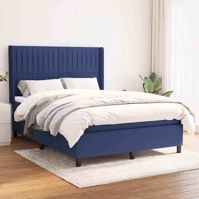 vidaXL Giroletto a Molle con Materasso Ibrido in Tessuto Blu e Bianco L/P/H: 140 x 190 x 128 cm