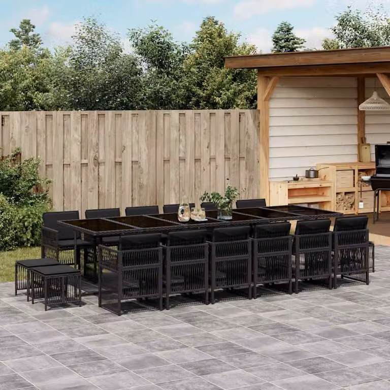vidaXL Set da Pranzo da Giardino 17 pz in Polyrattan Nero con Cuscini e Tavolo in Vetro