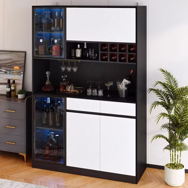 Mobile alto multifunzione in MDF con illuminazione LED, vetrina e ripiani, nero e bianco, 120x35x180 cm
