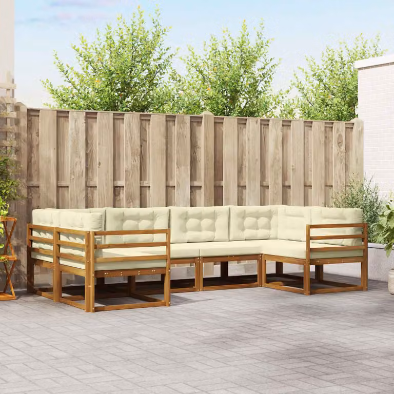 Set di divani da esterno vidaXL a forma di L composto da 6 pezzi in legno di acacia con cuscini beige e marrone