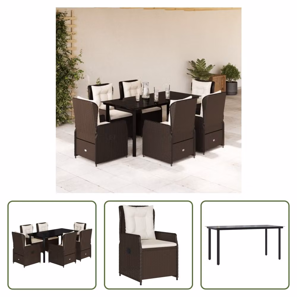 The Living Store Set da pranzo da giardino 7 pezzi con cuscini in polirattan marrone