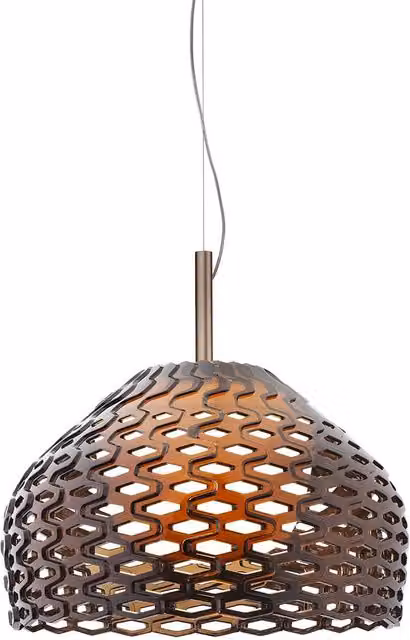 Lampada a sospensione Flos Tatou in metallo e plastica disponibile in bianco, grigio o marrone con finitura bronzo
