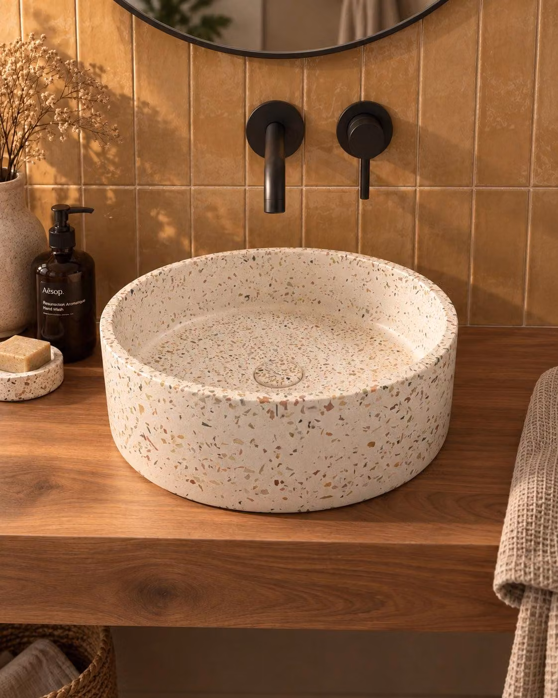 Lavabo 39 cm ciotola da appoggio in cemento terrazzo rosso Capri