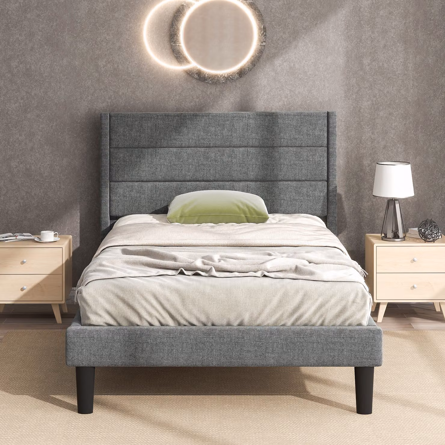 Letto imbottito Merax 90x200cm letto giovanile in lino con rete a doghe e testiera, grigio scuro