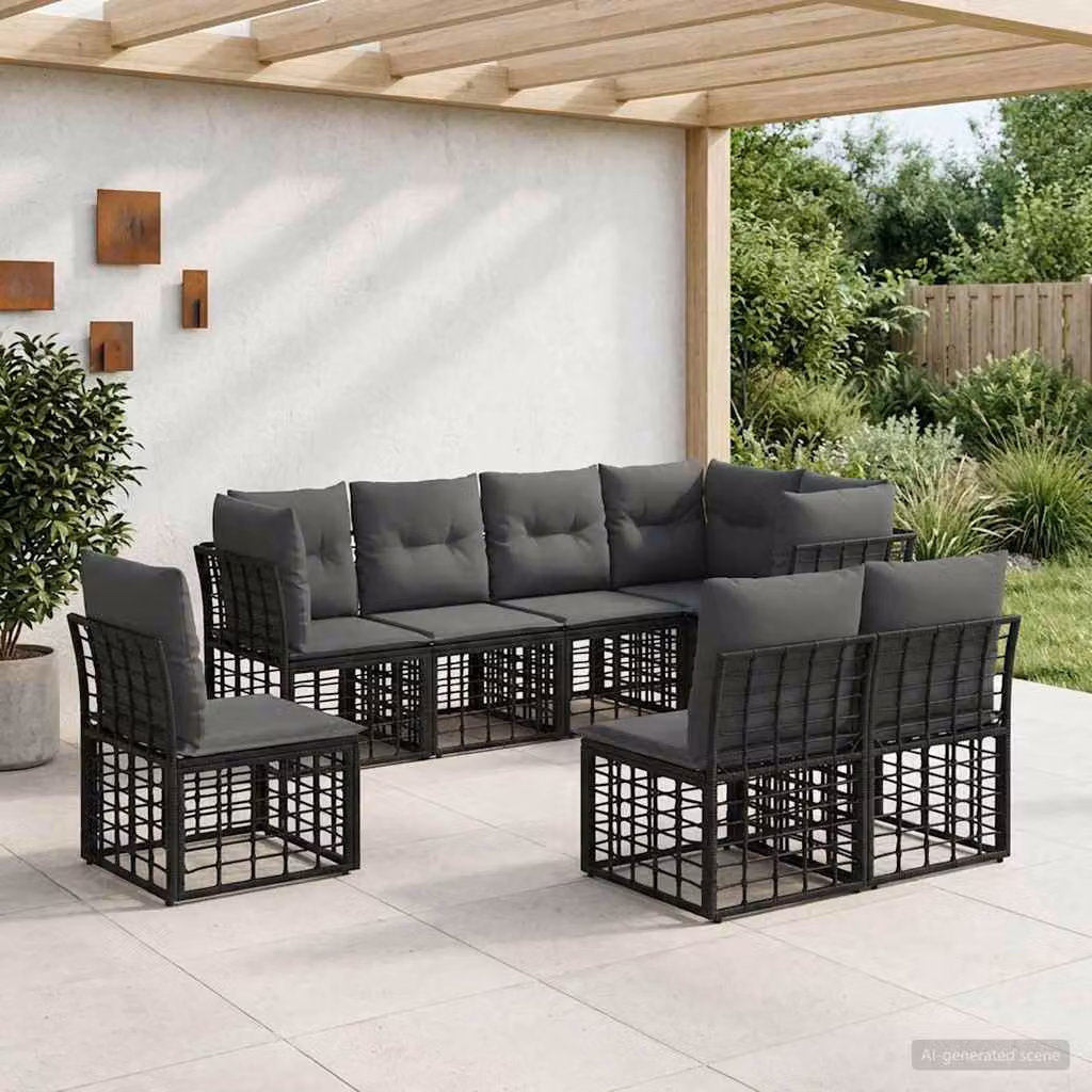 Set di divani da esterno a L vidaXL in stile moderno, colore nero e grigio, con struttura in metallo e cuscini inclusi per giardino e terrazza