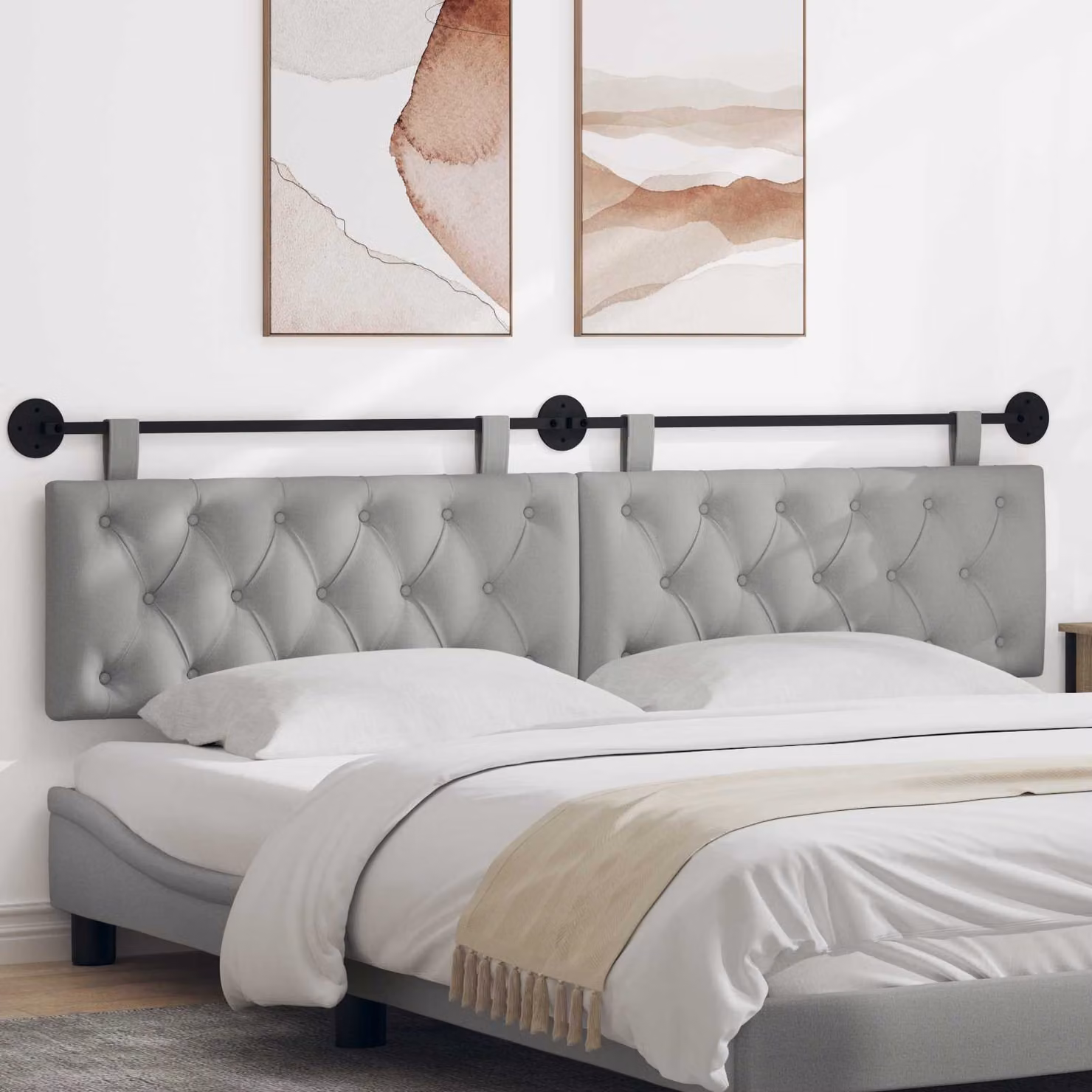 Testiera per letto sospesa vidaXL in tessuto Grigio Nuvola con pannello imbottito e struttura in legno e metallo