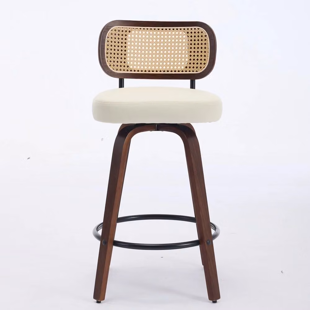 Set di 2 sgabelli da bancone Minimal in rattan con schienale in vimini e seduta imbottita, colore noce e beige, Altezza: 66 cm – 2