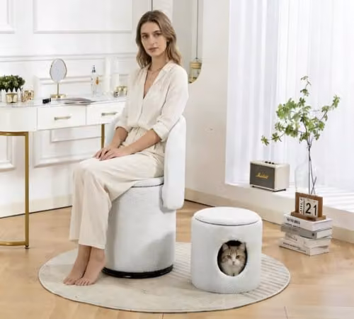 Sedia Girevole Imbottita con Contenitore MINIMAL in Velluto Bianco Multifunzionale