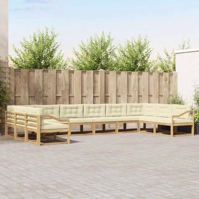 Set di divani da esterno vidaXL a forma di U in legno di acacia con cuscini bianchi e beige
