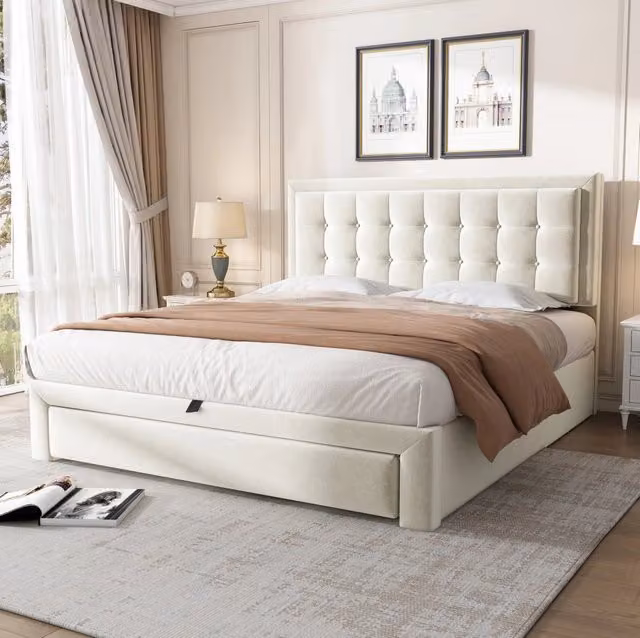 Letto matrimoniale; con testiera regolabile e spazio contenitore; velluto beige