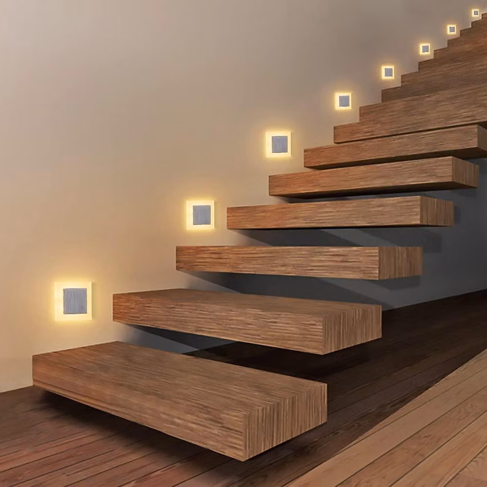 4 luci LED per scale, 3W, luce calda, acciaio inossidabile/vetro acrilico