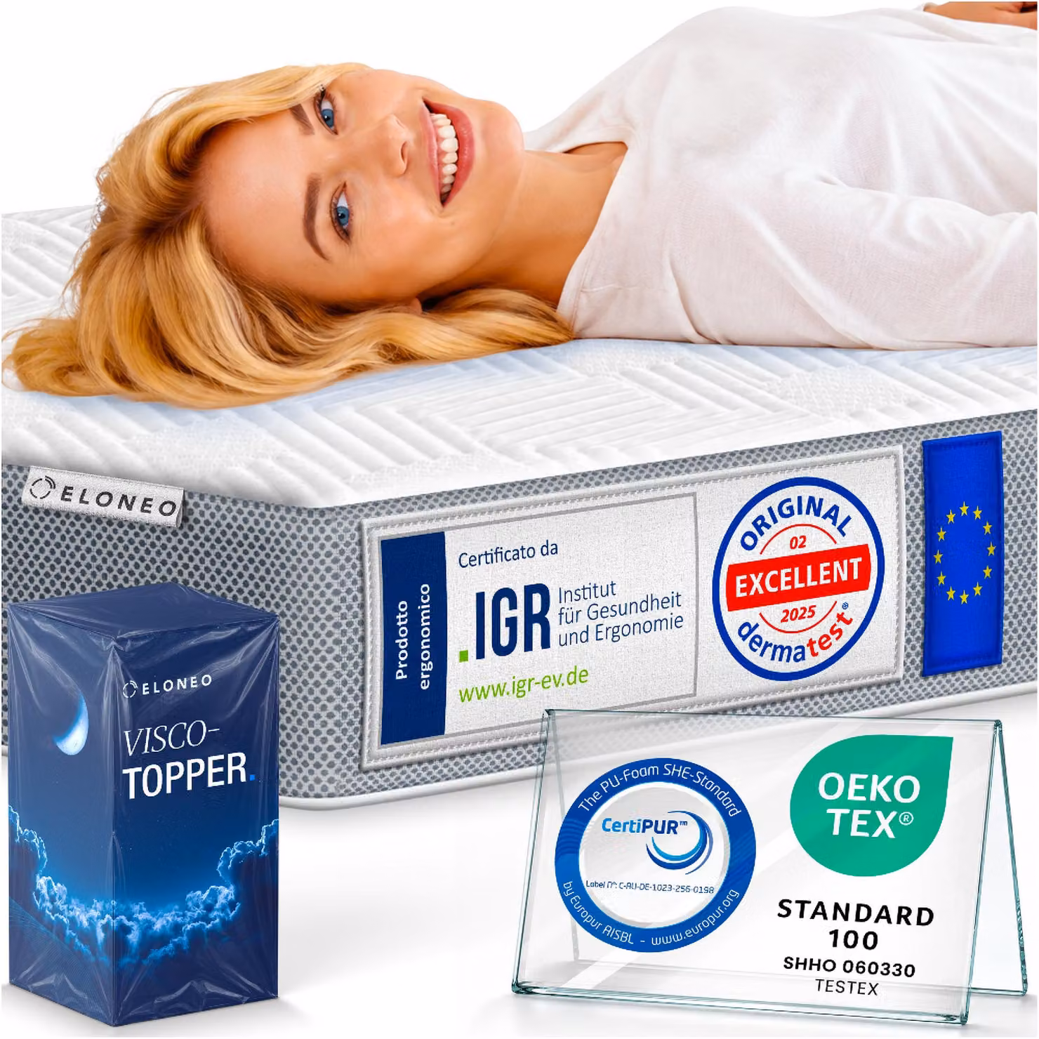 Coprimaterasso viscoelastico ELONEO 80x190cm, coprimaterasso con effetto memory foam, altezza 8 cm, coprimaterasso per letto e rete a doghe