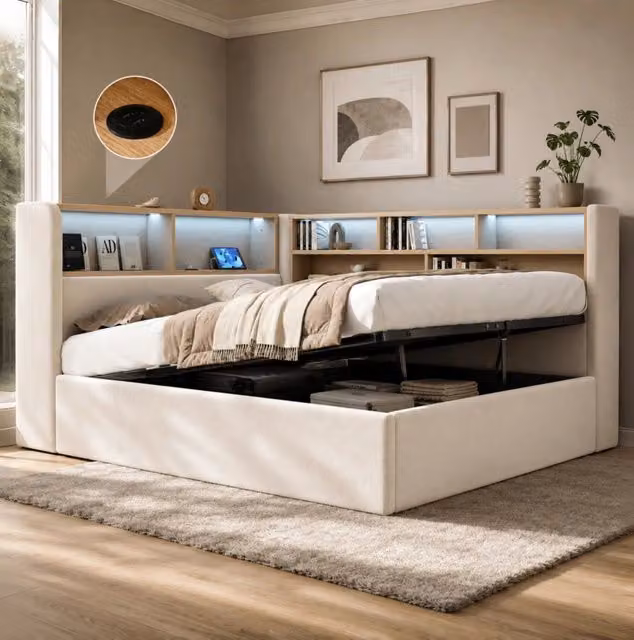 Letto da giorno imbottito ULEVR 140x190 cm con contenitore idraulico, LED, USB e Type-C, velluto beige