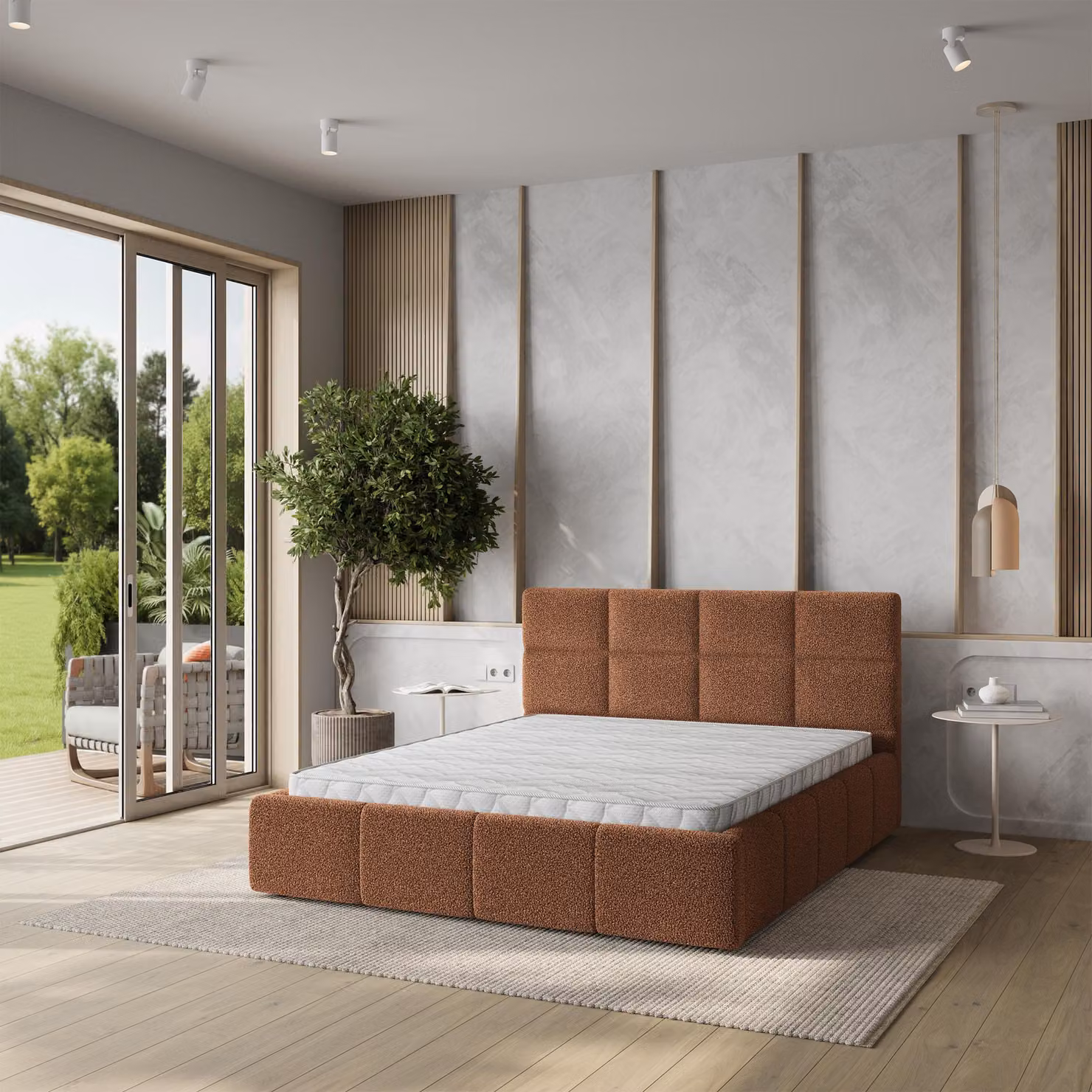 Letto imbottito Masseno COMO 140x200 cm, letto imbottito con comodini -Orange, FONTE 54