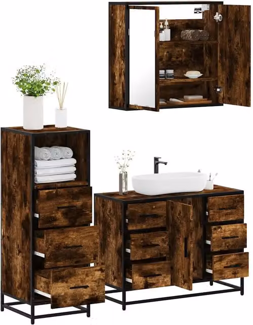 Set Mobili da Bagno 3 pz Rovere Fumo in Legno Multistrato 3301022