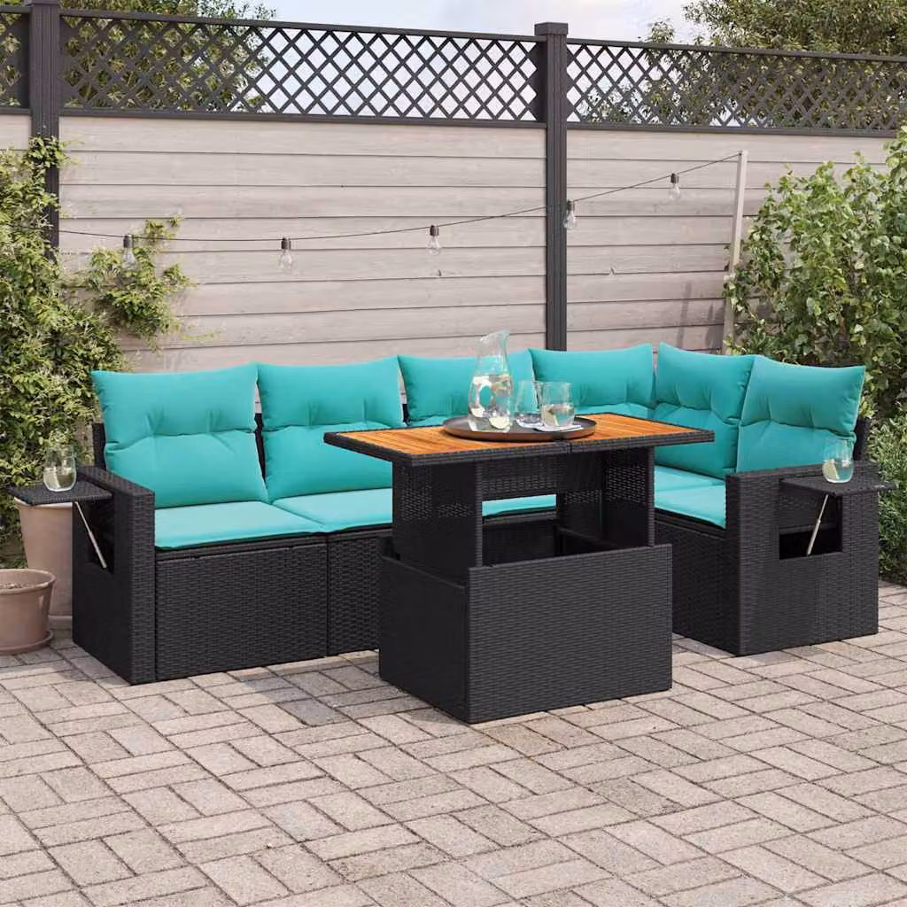 Set Divano da Giardino vidaXL a Forma di L in Polyrattan Nero con Cuscini Blu e Tavolino da Esterno