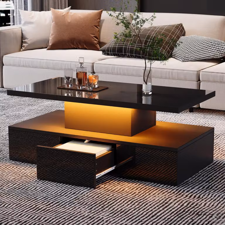 Tavolino da salotto, dimensioni 100 x 50 x 39 cm, realizzato in pannello di particelle al 100%, colore nero, con illuminazione LED controllabile tramite telecomando, superficie lucida, dotato di 1 cassetto