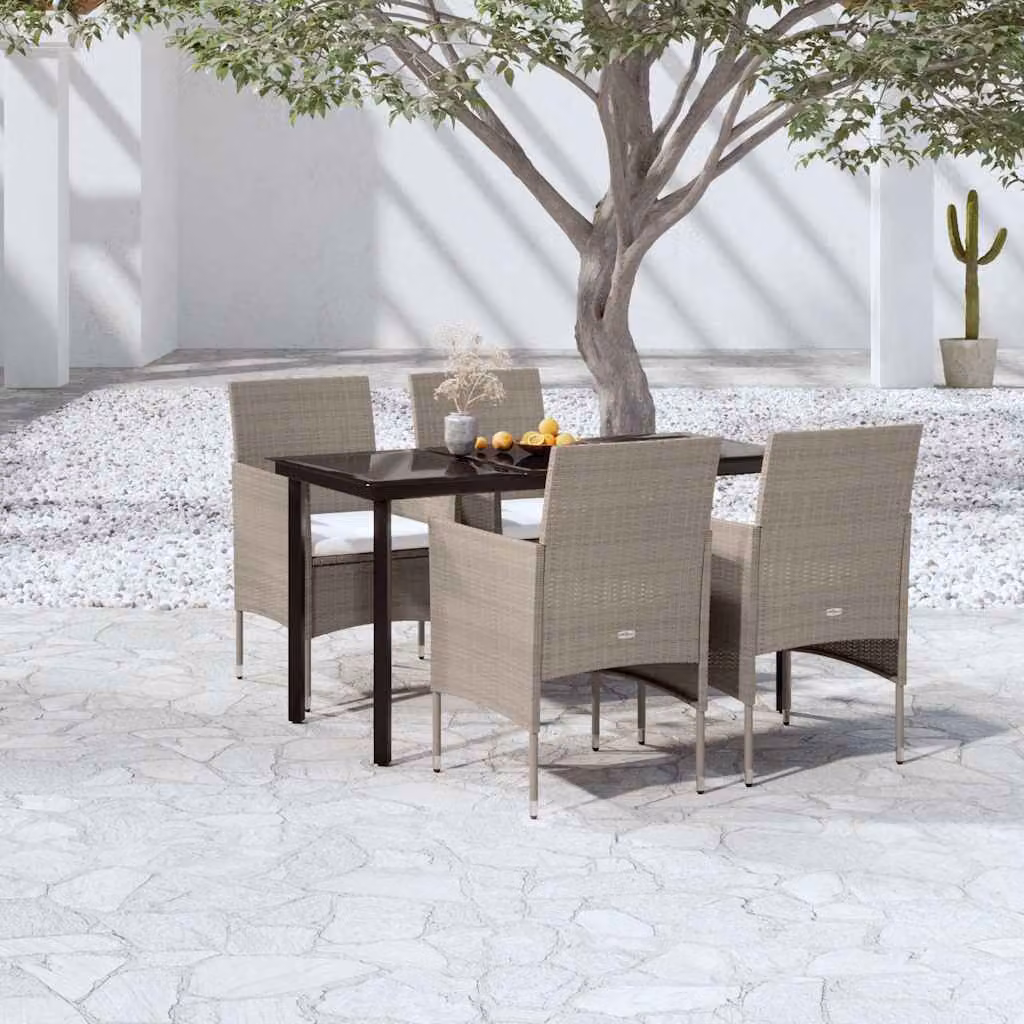 Set da Pranzo da Giardino vidaXL in Polyrattan con Tavolo in Vetro e 5 Sedute con Cuscini Beige e Nero