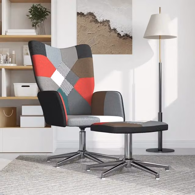 Poltrona | Sedia Relax con Sgabello in Tessuto Patchwork
