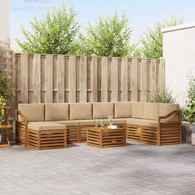 Set di divani da esterno vidaXL a forma di L in legno di acacia con tavolino e pouf, colore beige e sabbia, 9 pezzi – 1