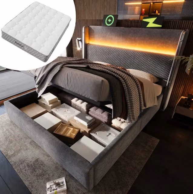 Letto matrimoniale con contenitore 140x200 cm in lino grigio con LED; USB; Type-C e materasso