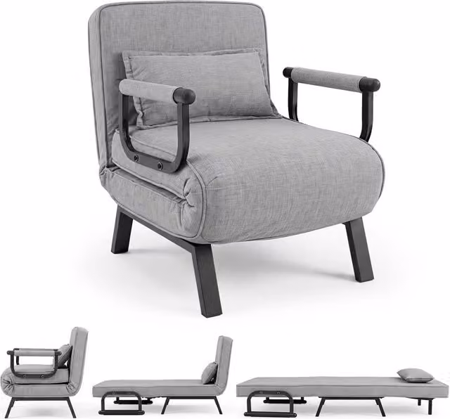 Divano pieghevole 3 in 1 con seduta imbottita schienale regolabile, Poltrona letto singla con poltroncina portata 180 kg Grigio Chiaro