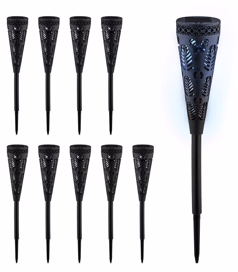 Set da 10 lampade solari Relaxdays, design a torcia, illuminazione da giardino con effetto luminoso, A x P: 41 x 7 cm, con picchetto, nero
