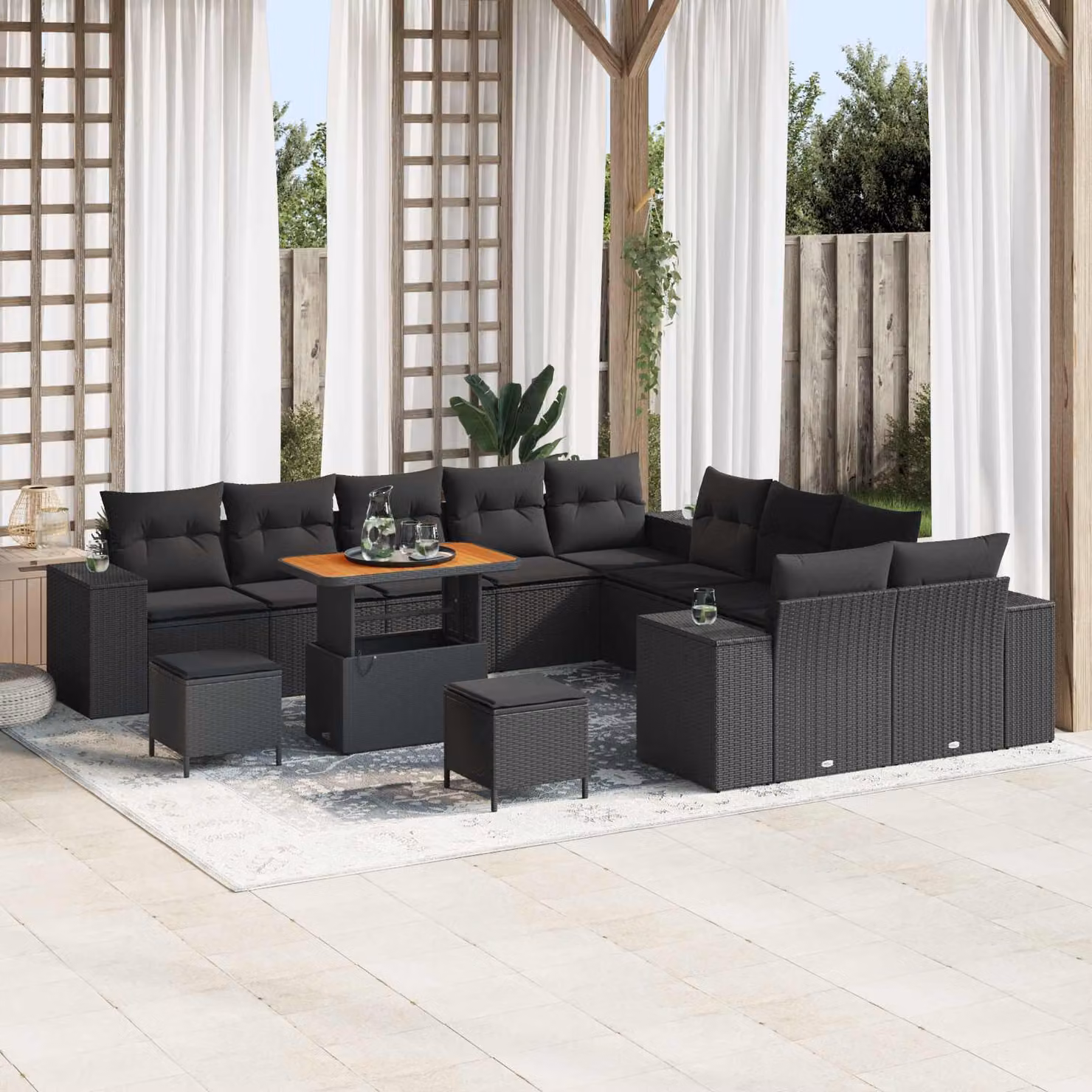 Set Divano da Giardino vidaXL a forma a U in Polyrattan Nero con Cuscini e Tavolino da Esterno – 1
