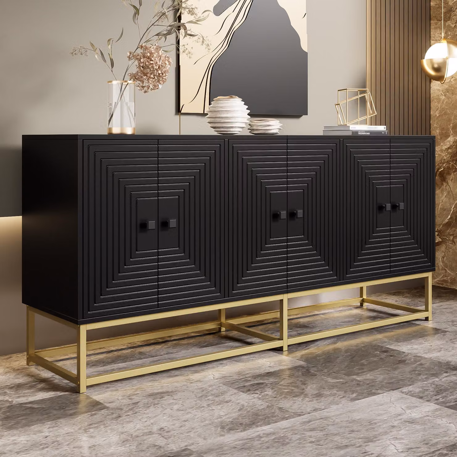 Credenza moderna Merax in nero con superficie opaca, mobile contenitore con 3 ante doppie, cassettiera con ampio spazio, gambe dorate