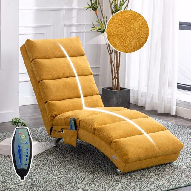 Chaise longue massaggiante fissa con vibrazione delicata e tasca laterale in lino giallo senape 55 × 148 × 84 cm