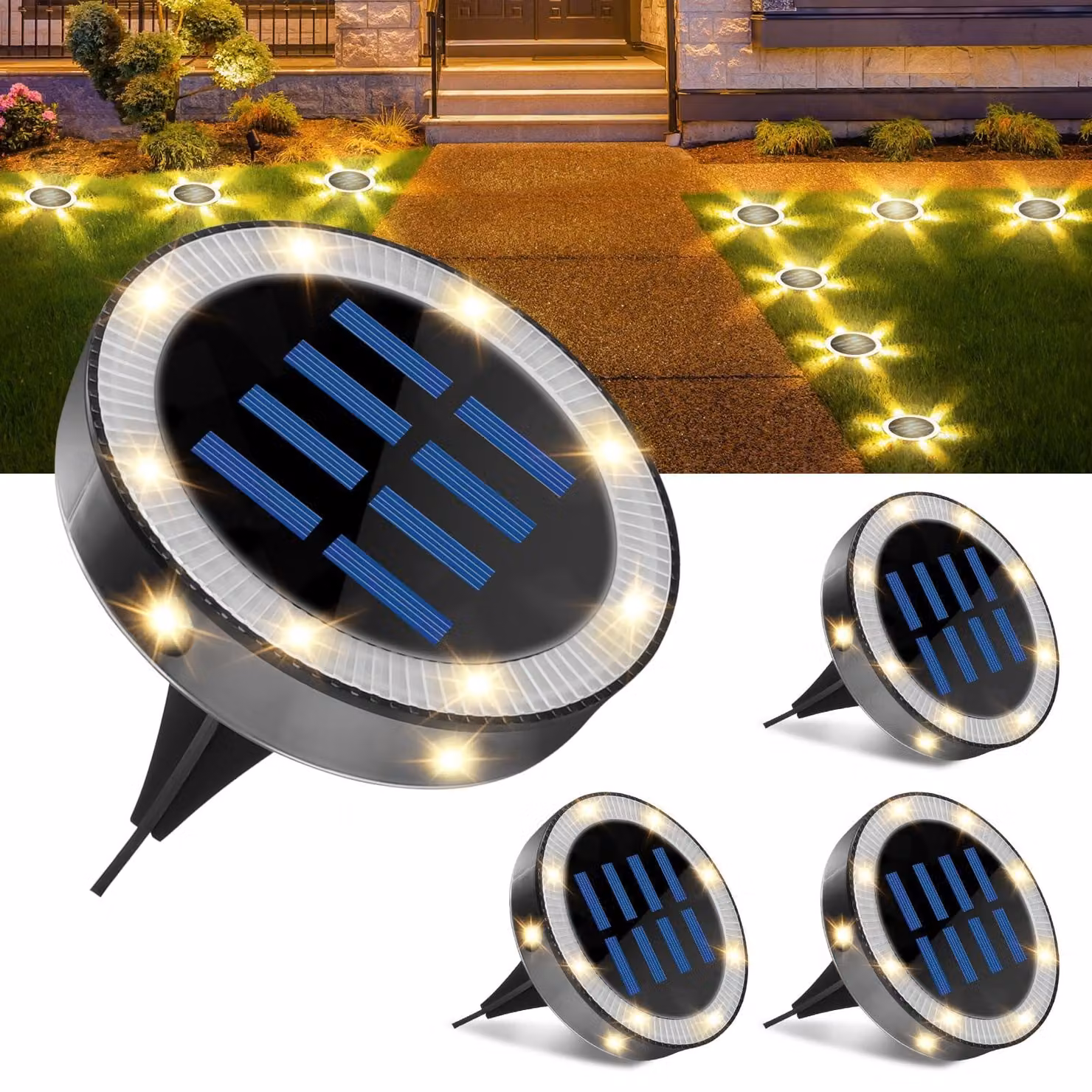 Luci da giardino solari, set da 4 pezzi, 6 LED, grado di protezione IP44, luce bianco caldo