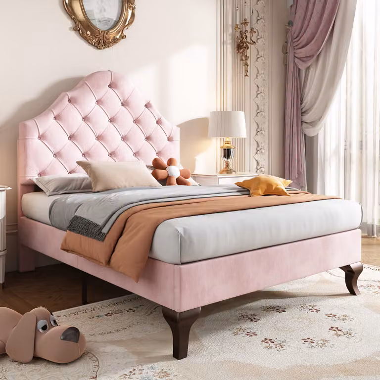 Letto imbottito Merax 90x200cm con testata regolabile in altezza e rete a doghe, letto singolo per ragazzi in velluto e legno massiccio, rosa
