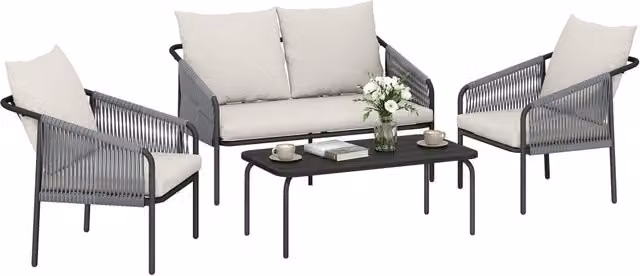 Set da Giardino in Rattan 4 Pezzi con Divano, Poltrone, Tavolo, Khaki