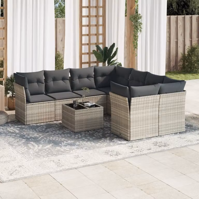 vidaXL Set Divano da Giardino a L in Polyrattan Grigio con Cuscini e Tavolino da Esterno