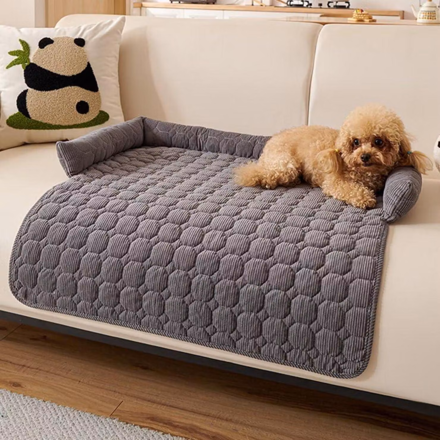 Cuccia per cani a forma di divano, lavabile, con bordo, in peluche, antiscivolo, color grigio scuro, 75x75 cm