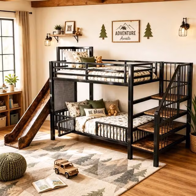 Letto a soppalco in metallo per bambini 90 x 200 cm con scivolo, scala contenitore, mensole integrate, salvaspazio per cameretta - Nero
