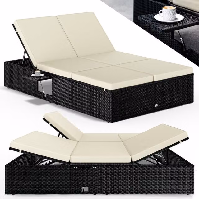 Lettino prendisole Casaria in polyrattan nero e beige con poggiatesta regolabile e vassoio laterale L/P/H: 220 x 115 x 33 cm – 1