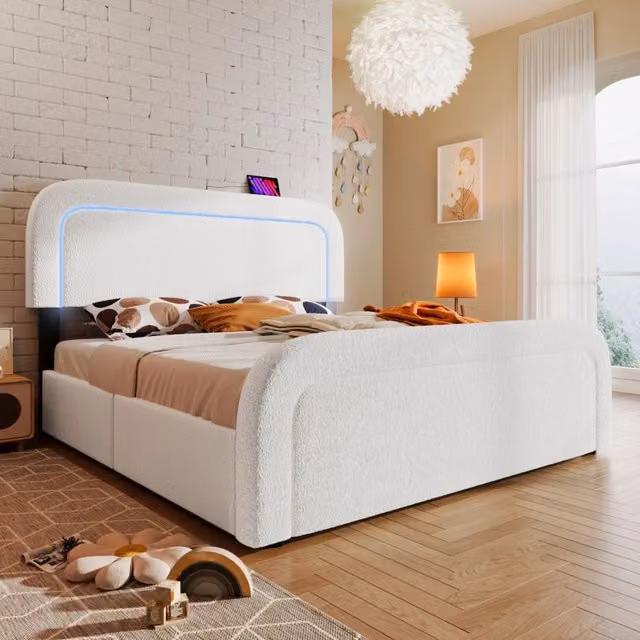 Letto imbottito 160x200 cm con USB Type-C; LED e 4 cassetti in sherpa bianco