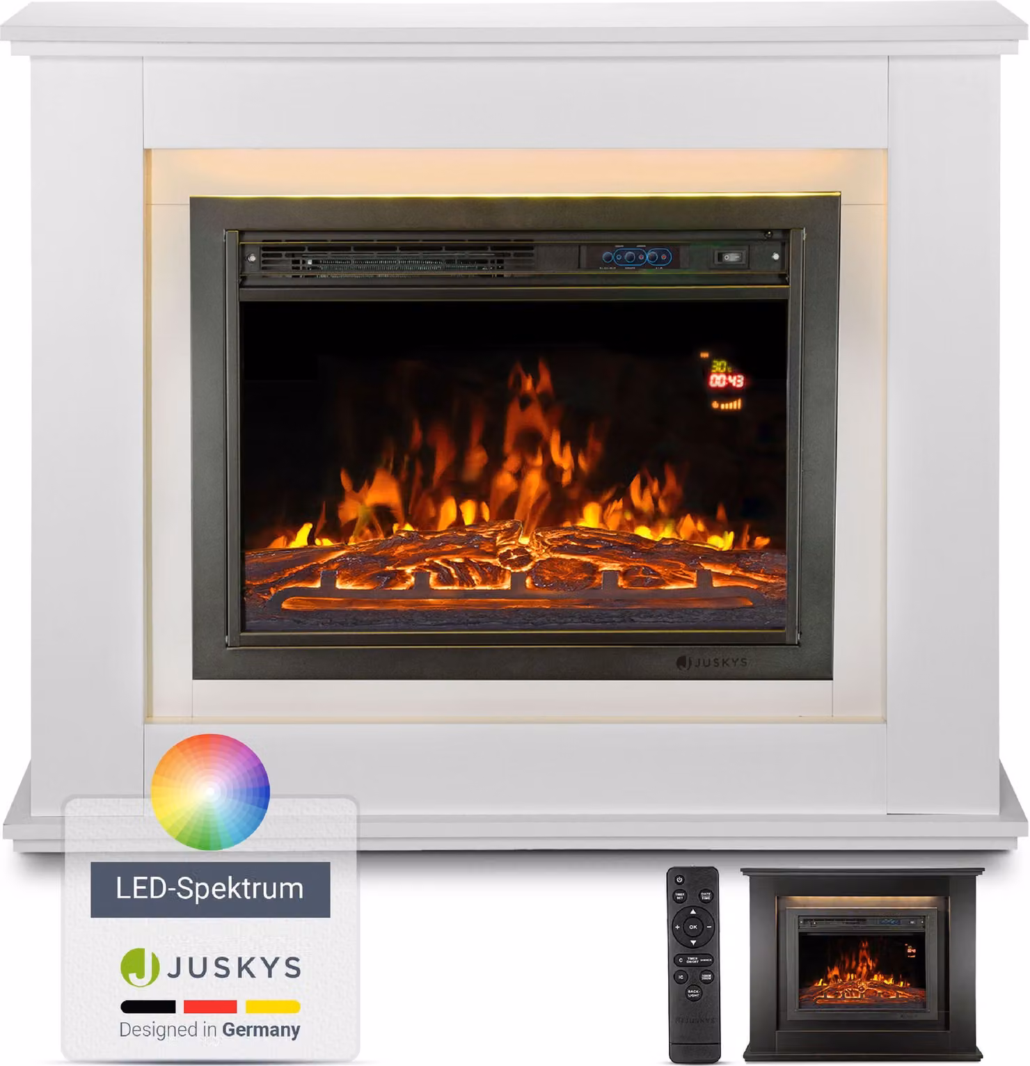 Caminetto elettrico Juskys 1000 / 2000 W - caminetto a piantana con riscaldamento, LED e timer - bianco