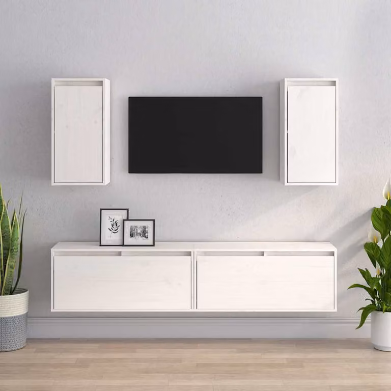 Set di 4 mobili porta TV vidaXL in legno massello di pino bianco opaco, design minimalista a parete