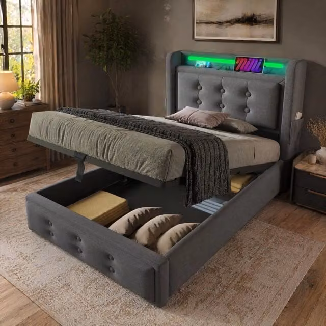 Letto singolo 90x200 cm con contenitore; LED e USB-C; in cotone e lino; grigio