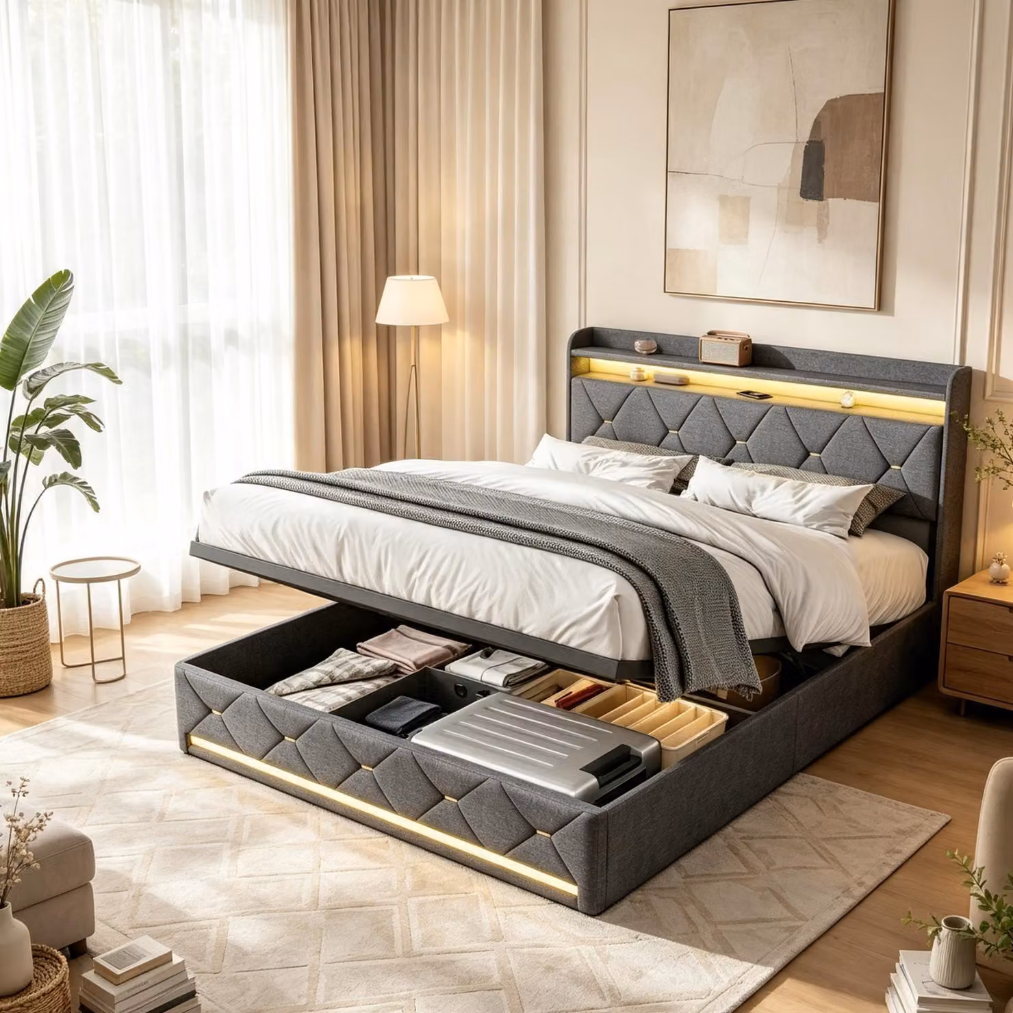 Letto imbottito INONEFT, 160 x 200 cm, letto matrimoniale, struttura del letto con rete a doghe, letto box con sistema idraulico, letti per ragazzi con LED e USB, tessuto in lino, colore grigio