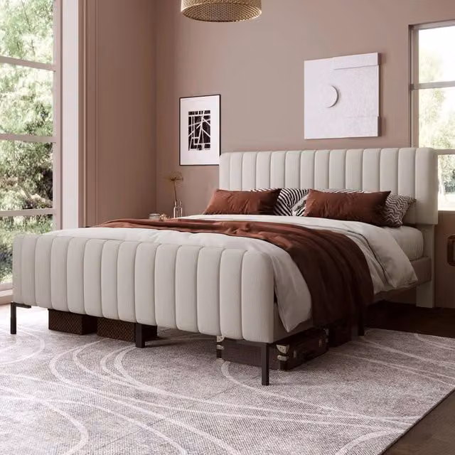 Letto imbottito 160x200 cm con rete a doghe e testiera regolabile; lino; grigio-beige