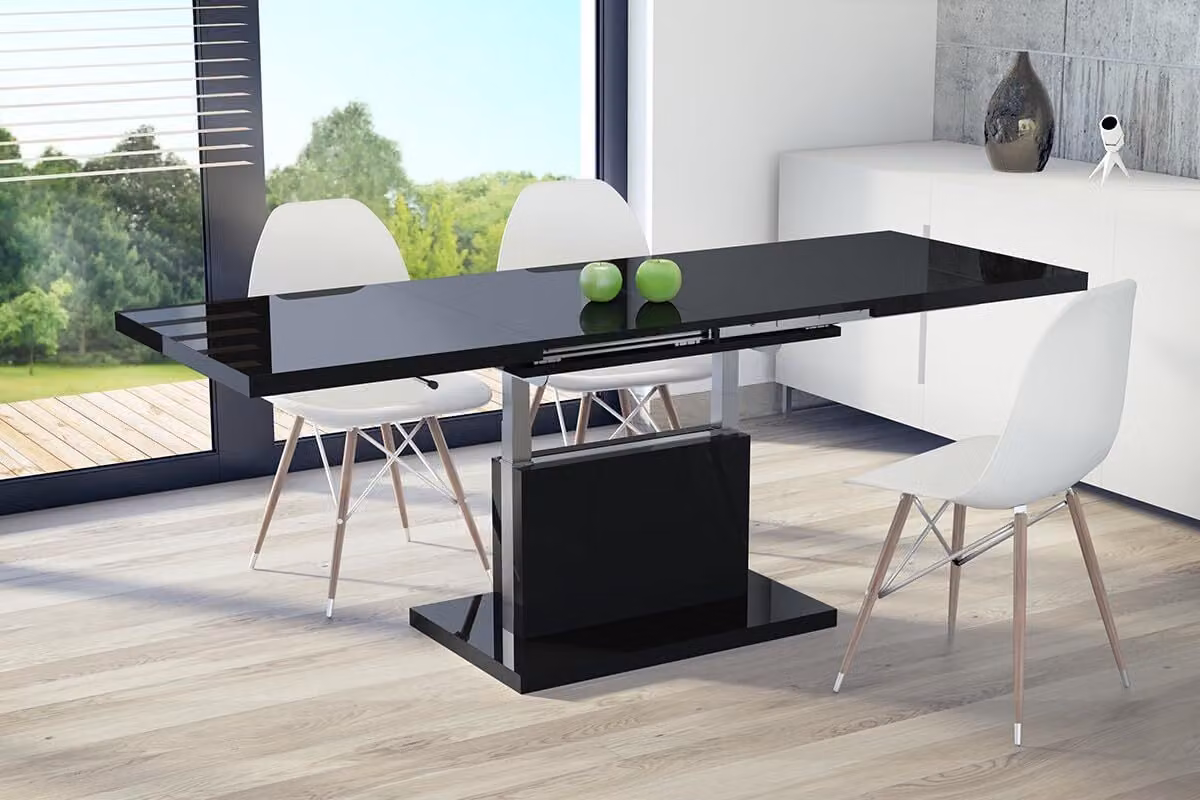 All4All Tavolino Asti Nero lucido , Tavolino , Tavolo da soggiorno , Regolabile in altezza , con ripiani , Allungabile , Tavolo da divano , 120x70cm