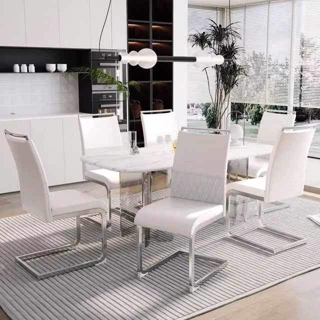 Sedie da Pranzo Set 6 Pezzi ¨C MINIMAL ¨C Schienale Alto Imbottito, PU e Lino, Bianco