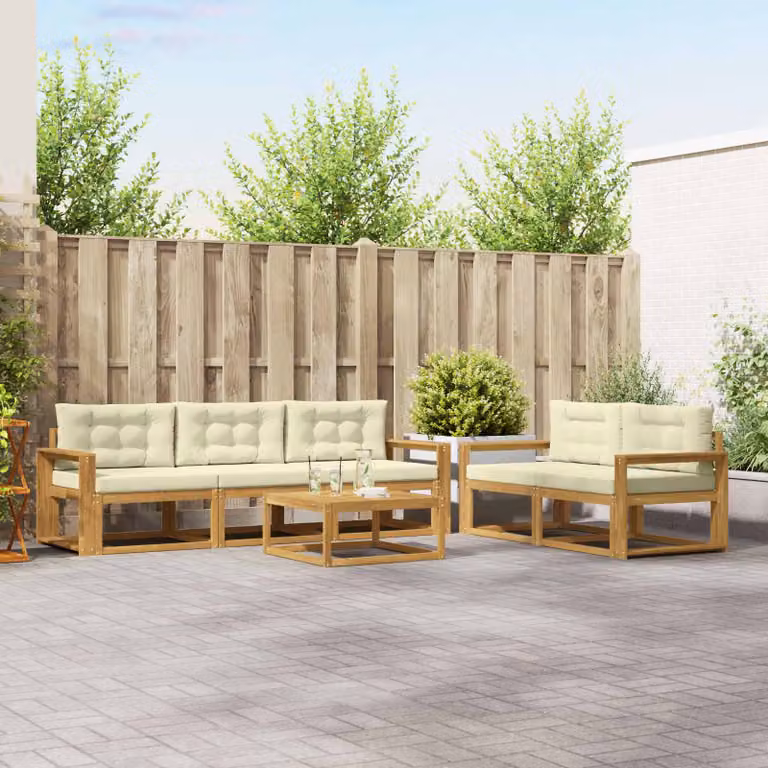 vidaXL Set di divani da esterno a L composto da 6 pezzi in legno di acacia con cuscini Bianco e Beige