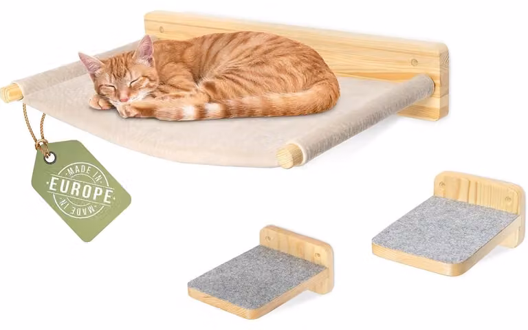 Parete da arrampicata per gatti - Tiragraffi da parete - 3 livelli - Scaletta e amaca - Per arrampicarsi, dormire e giocare - Bianco