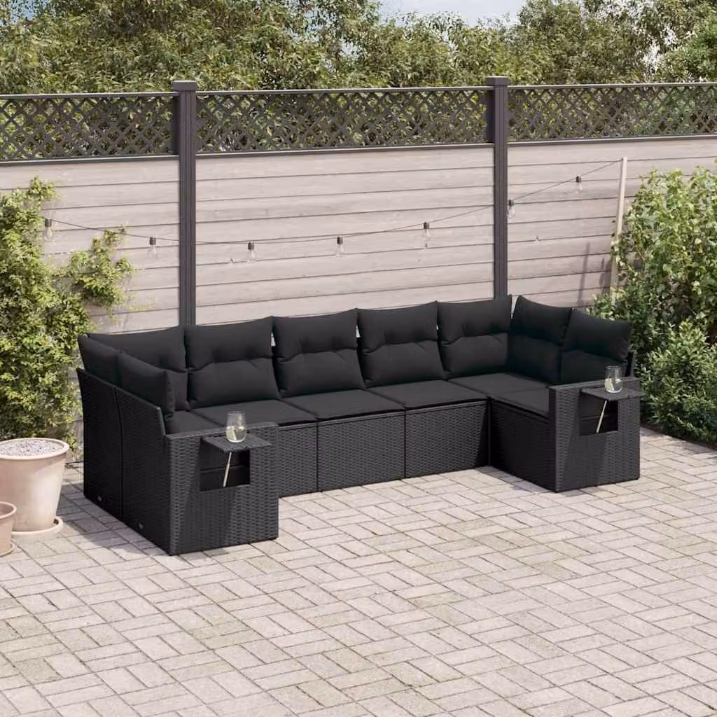 Set di Divani da Giardino vidaXL a Forma di L con Cuscini e Tavolino Nero in Polyrattan e Metallo – 1