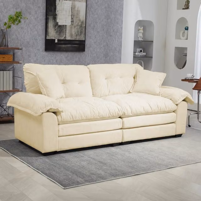 Divano 2 posti in ciniglia con cuscini a doppio strato e seduta profonda beige 214 × 89 × 93 cm